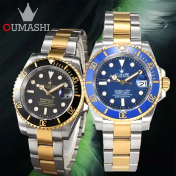 Новинка, часы NH35 с золотым краем из нержавеющей стали, искусственное стекло, светящиеся 100 метровые водонепроницаемые Роскошные мужские часы OUMASHI