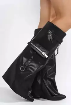 Новинка, черные, золотые, камуфляжные кожаные сапоги с острым носком и карманами, с золотым замком в виде акулы, женские длинные сапоги до колена на танкетке