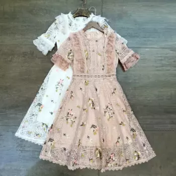 Новинка, дизайнерские кружевные облегающие платья-трапеции с круглым вырезом и цветочной вышивкой, милые женские праздничные платья с высокой талией и коротким рукавом