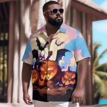 Новинка, гавайская рубашка для мужчин, готические мужские повседневные топы с коротким рукавом в виде тыквы, черной кошки, ярких цветов на Хэллоуин, винтажные летние рубашки