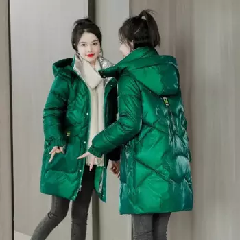 Новинка, глянцевые моющиеся пуховые пальто из хлопка, женская зимняя длинная свободная куртка в Корейском стиле с капюшоном, ветрозащитная непромокаемая женская верхняя одежда на молнии