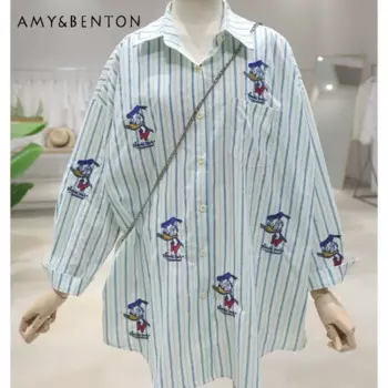 Новинка и изысканная рубашка с вышивкой из мультфильма 2024 Ранняя осень свободная полосатая рубашка средней длины с длинным рукавом женская одежда Y2k футболки