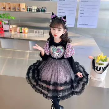 Новинка Kawaii Sanrioed Kuromi Детские платья принцессы Лолиты Милая осенняя одежда для девочек в стиле аниме костюм на Хэллоуин семейное платье в подарок