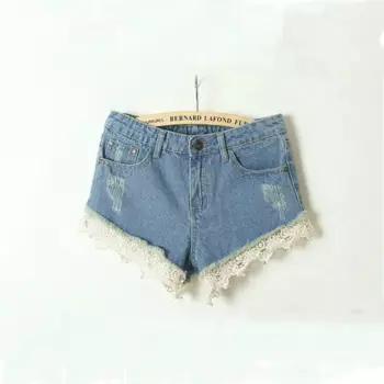 Новинка лета 2015, женские сексуальные кружевные джинсовые шорты с дырками и высокой талией, женские джинсы, женские брюки
