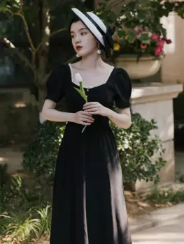 Новинка лета 2021, женское платье в стиле ретро, яркое платье, французское винтажное кружевное черное приталенное элегантное платье с высокой талией и коротким рукавом