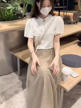 Новинка лета 2023, китайское улучшенное Ципао в стиле Ципао, комплект из двух предметов для женщин, женское блестящее платье с коротким рукавом, g672