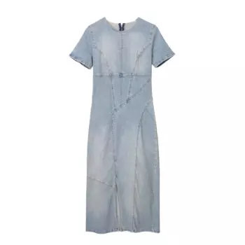 Новинка лета 2023, модное женское джинсовое платье с круглым вырезом и коротким рукавом