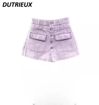 Новинка лета 2024, Дизайнерские широкие юбки-шорты с высокой талией и карманами в Корейском стиле, трапециевидные фиолетовые джинсовые шорты с имитацией двух частей для девушек