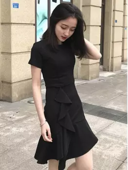 Новинка лета 2024, маленькое черное платье большого размера, корейское издание, приталенное и модное платье EILO с коротким рукавом