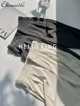 Новинка лета 2024, модные тонкие женские брюки из ледяного шелка, стройнящие свободные темпераментные женские брюки с широкими штанинами