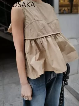 Новинка лета 2024, японская нишевая шикарная блузка, Женская однотонная универсальная Повседневная милая блузка без рукавов с круглым вырезом и шнуровкой