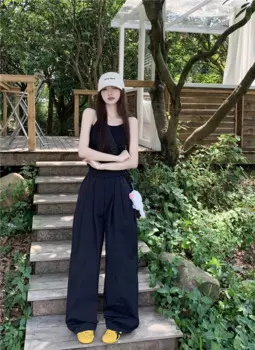 Новинка лета 2024, свободные тонкие широкие брюки, эластичные прямые однотонные брюки с высокой талией, повседневные женские брюки