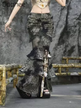 Новинка лета 2024, традиционная кружевная юбка в китайском стиле с ажурным принтом, темно-зеленая облегающая длинная юбка в виде рыбьего хвоста и птичьей клетки