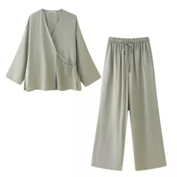Новинка лета 2024, женская рубашка с длинным рукавом и V-образным вырезом на шнуровке в европейском и американском стиле + костюм с прямыми брюками