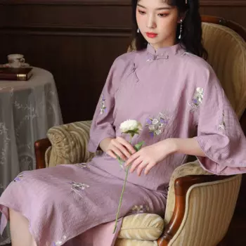 Новинка, модное хлопковое женское платье-Ципао с цветочным принтом, традиционное женское платье в китайском стиле, ретро платье с большим рукавом, античное платье 2022