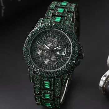 Новинка, мужские часы с зелеными бриллиантами, роскошные часы в стиле хип-хоп, уникальные блестящие светящиеся водонепроницаемые часы, мужские часы