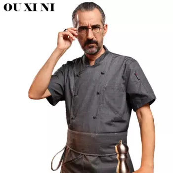 Новинка, мужские полукомбинезоны для кухни, форма для пекарни, приготовления пищи, дышащая двубортная рубашка с коротким рукавом
