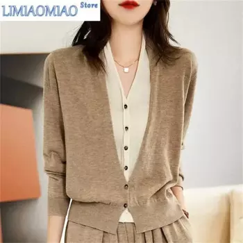 Новинка, однотонный шерстяной свитер, Женская весенне-осенняя модель, имитация двух предметов, трикотажный кардиган с V-образным вырезом и юбка