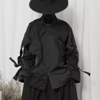 Новинка Осень 2022, черная Свободная рубашка, модная мужская темная популярная Асимметричная рубашка с длинным рукавом и прострочкой