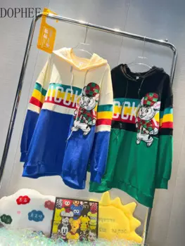 Новинка Осень 2023, модные женские пуловеры, свитшот, топ в полоску с вышивкой и капюшоном, свободная уличная одежда