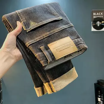 Новинка Осень 2024, черные и серые джинсы, мужские эластичные удобные модные высококлассные облегающие узкие брюки до щиколотки с принтом