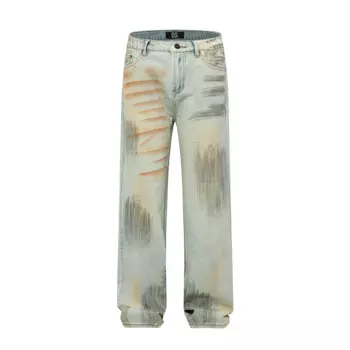 Новинка Осень 2024, Модные свободные прямые джинсы High Street с персонализированным рисунком граффити в стиле ретро, синие мужские и женские длинные брюки
