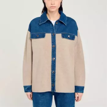 Новинка Осень 2024, Повседневная рубашка свободного кроя с имитацией двух предметов, модная Универсальная джинсовая куртка y2k из смешанной шерсти