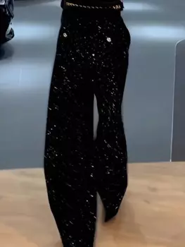 Новинка Осень 2024, прямые брюки, черные брюки с высокой талией, яркие шелковые широкие брюки