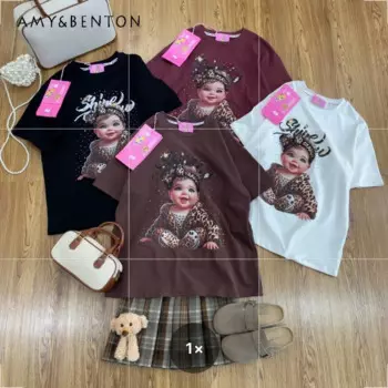 Новинка Осень 2024, ретро футболки, модный дизайн, пуловеры с рисунком из мультфильмов, круглым вырезом и полированными короткими рукавами, белая футболка