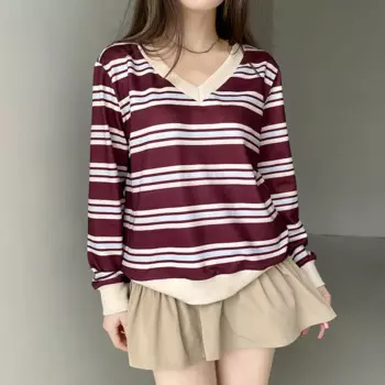 Новинка Осень 2024 в европейском и американском стиле академический стиль просторная Толстовка контрастных цветов с принтом в полоску тонкая футболка с V-образным вырезом