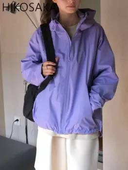 Новинка Осень 2024 женская одежда Японская уличная ветровка с капюшоном однотонная универсальная Свободная Повседневная Верхняя одежда с длинным рукавом Женское пальто