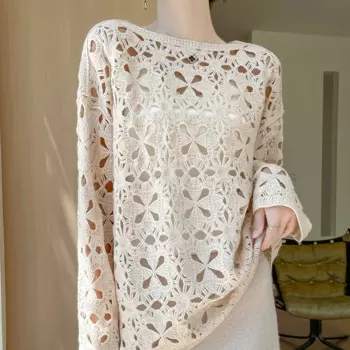 Новинка Осень/Зима 100% Женская одежда из мериносовой шерсти модный Пустой Топ с крючком и цветком из ниток трикотажный пуловер с круглым вырезом свитер