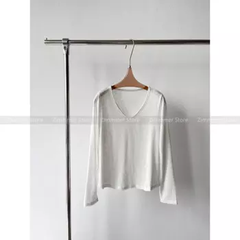 Новинка Осень-зима 2024, Классическая Базовая хлопковая льняная футболка с длинным рукавом и V-образным вырезом, Топ