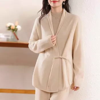 Новинка Осень-зима 2024 Женский вязаный кардиган из 100 чистой шерсти с лацканами Повседневный высококачественный Женский шерстяной свитер с длинными рукавами