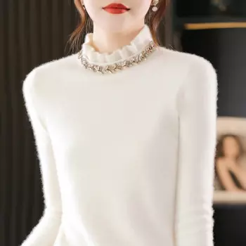 Новинка Осень/Зима однотонная Шерстяная трикотажная нижняя рубашка с воротником Auricularia с бриллиантами облегающий трикотажный внутренний свитер с длинными рукавами