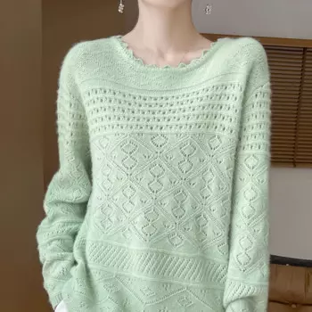 Новинка Осень-зима женский свитер из 100% чистой шерсти однотонный кружевной кашемировый модный ажурный Свободный Вязаный топ с круглым вырезом.