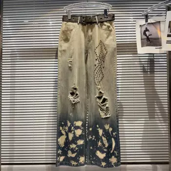 Новинка осени 2023, Модные свободные джинсовые брюки с эффектом потертости, прямые длинные брюки с заклепками и бусинами, повседневные джинсы с высокой талией в уличном стиле