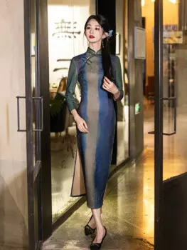 Новинка осени 2024, бархатное платье Qipao для молодых женщин, в полоску, в стиле ретро, длинное платье, платье Qipao