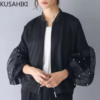 Новинка осени 2024, Женская бейсбольная куртка kusхиты из сетчатой ткани с украшением в виде жемчуга, Модный женский кардиган с воротником-стойкой, пальто