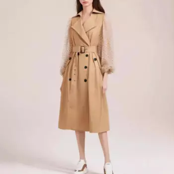 Новинка осени цвет молочного чая Свободная Повседневная шикарная Весенняя ветровка с рукавом в горошек со строчкой Женская ветровка средней длины