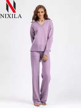 Новинка, осенне-зимний свитер, комплект из 2 предметов, женский теплый пуловер с V-образным вырезом, прямые брюки для бега, костюмы, повседневный женский спортивный костюм