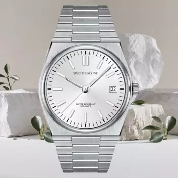 Новинка, серебристые мужские часы speзаписи & Sohne, роскошная мода, 37 мм, кварцевые наручные часы из нержавеющей стали, водонепроницаемые мужские часы с календарем