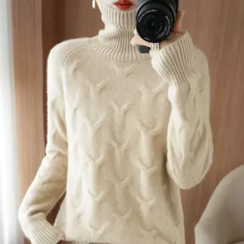 Новинка сезона осень-зима 2023, утепленный пуловер с высоким воротником, Женское пальто 100%, топы, женский свободный вязаный джемпер большого размера