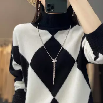 Новинка сезона осень/зима 2023, женский свитер 100%, модный теплый вязаный пуловер с высоким воротником, подходящий по цвету.