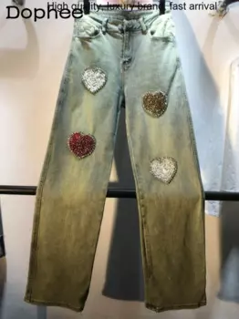 Новинка Весна 2023 тяжелые бриллиантовые шипованные вручную бисером Love синие джинсы женские эластичные прямые джинсы с высокой талией для похудения