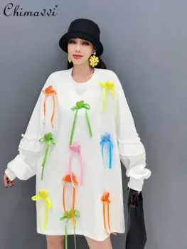 Новинка Весна 2024, модная футболка средней длины с круглым вырезом и длинным рукавом, с бантом, тяжелая Повседневная Свободная Милая женская футболка с длинным рукавом, топы