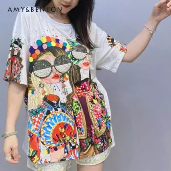 Новинка Весна 2024, пуловеры в тяжелой промышленности с бусинами, Женский Повседневный модный топ с цветным принтом и бусинами, футболки с коротким рукавом, одежда Y2k