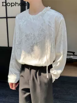 Новинка Весна 2024, жаккардовый пуловер с круглым вырезом, рубашки, мужской декоративный топ на шнуровке, модная Высококачественная рубашка с длинным рукавом