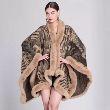 Новинка, Вязаное пончо с принтом павлина, женская накидка с меховым воротником, Женская Роскошная шаль, куртки, верхняя одежда E2009