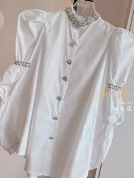 Новинка весенняя одежда 2024 модная Тяжелая промышленная блузка с буффами на рукавах плиссированная белая рубашка Милая элегантная приталенная Свободная блузка Топы